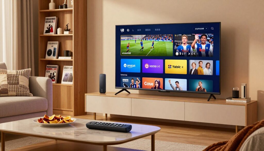 A modern living room scene showcasing a sleek Amazon Firestick plugged into a vibrant smart TV displaying a dynamic montage of live sports and television shows. In the foreground, an elegant coffee table holds a remote control alongside snacks, while a comfortable couch with decorative cushions invites relaxation. The middle of the scene focuses on the TV, which glows with various channel options, illuminated by soft, warm lighting that enhances a cozy atmosphere. In the background, a stylish bookshelf lined with tech magazines and decor adds depth to the setting. The overall mood is inviting and contemporary, emphasizing the popular trend of IPTV viewing in the UK, conveying the excitement of streaming live entertainment at home.