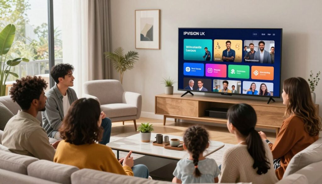 A modern living room setting showcasing a sleek television screen displaying an IPVision UK interface, emphasizing various streaming benefits like intuitive navigation and captivating content. In the foreground, a diverse group of professionals in smart casual attire collaborates around a coffee table, discussing their streaming options. The middle ground features cozy armchairs and stylish decor that creates a welcoming atmosphere. The background shows large windows with natural sunlight pouring in, illuminating the space and enhancing a feeling of comfort and modernity. The scene conveys a mood of excitement and engagement, highlighting the value of the IPVision UK subscription for families and professionals alike. The lighting is bright and inviting, enhancing the overall warmth and appeal of the environment.