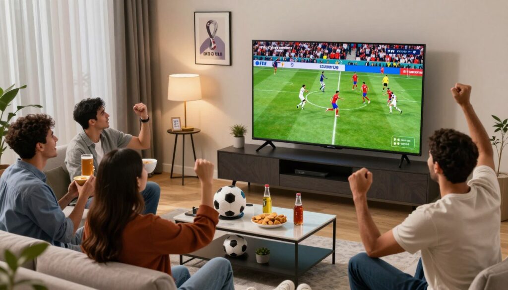 A modern living room setting, with a large flat-screen TV prominently displaying a vibrant FIFA World Cup 2026 match featuring national teams in action. In the foreground, a diverse group of friends dressed in smart-casual attire, enthusiastically cheering and celebrating, holding snacks and beverages. The middle ground shows a stylish coffee table filled with football-themed decor and refreshments. In the background, soft lighting creates an inviting atmosphere, with FIFA memorabilia adorning the walls and curtains drawn to give an intimate feel. The camera angle is slightly elevated, capturing both the excitement of the viewers and the dynamic imagery on the screen, evoking a sense of community and thrilling sports experience. The overall mood is lively and festive, symbolizing the joy of watching the World Cup with an IPTV service like IPVision UK.