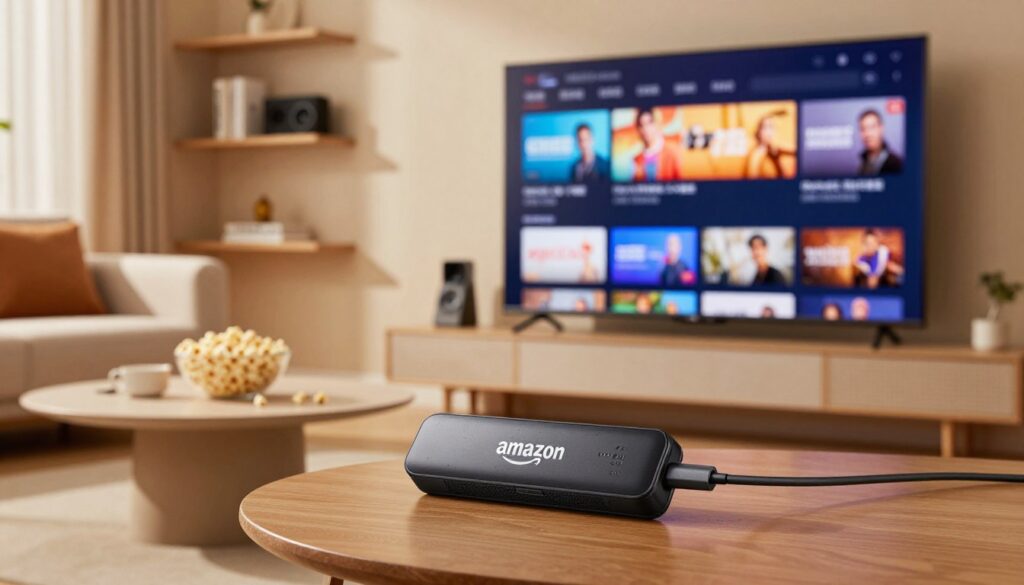 A sleek Amazon Fire TV Stick prominently displayed in the foreground, set against an elegant home entertainment backdrop. The Fire Stick is plugged into a modern flat-screen TV, with vibrant images of popular streaming content visible on the screen, showcasing IPTV services. In the middle ground, a cozy living room scene featuring a plush sofa, soft ambient lighting creating a warm atmosphere, and a stylish coffee table with a bowl of popcorn. In the background, subtle details like decorative shelves with books and gadgets enhance the modern home setting. The image conveys a sense of comfort and excitement about IPTV technology, inviting viewers to explore streaming options, captured from a slightly elevated angle to provide depth. The overall mood is inviting and informative, ideal for illustrating the popularity of IPTV in 2026.