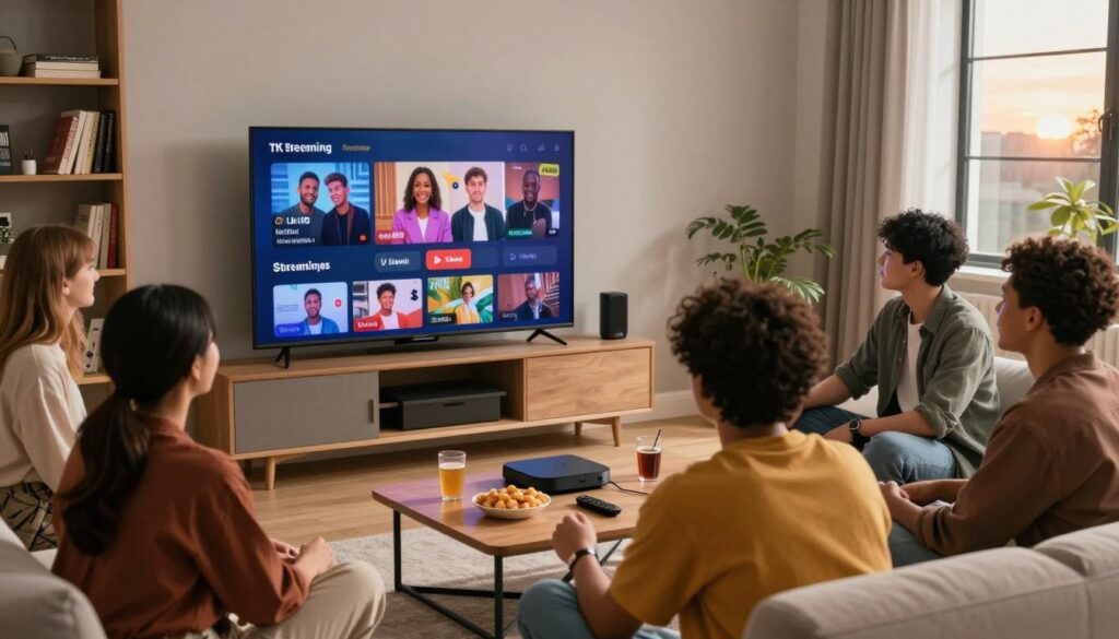 A stylish living room scene showcasing a modern flat-screen TV displaying a vibrant live streaming interface, featuring popular UK channels. In the foreground, a diverse group of young professionals, casually dressed in smart clothing, are seated around a cozy coffee table with snacks and drinks, engaged in watching TV together. The middle ground includes various high-tech gadgets like a streaming device and remote controls, while the background features soft lighting, a bookshelf filled with books, and a window showing a glimpse of a sunset outside, creating a warm and inviting atmosphere. The image should evoke a sense of community and enjoyment, highlighting the rising trend of live TV streaming in the UK.